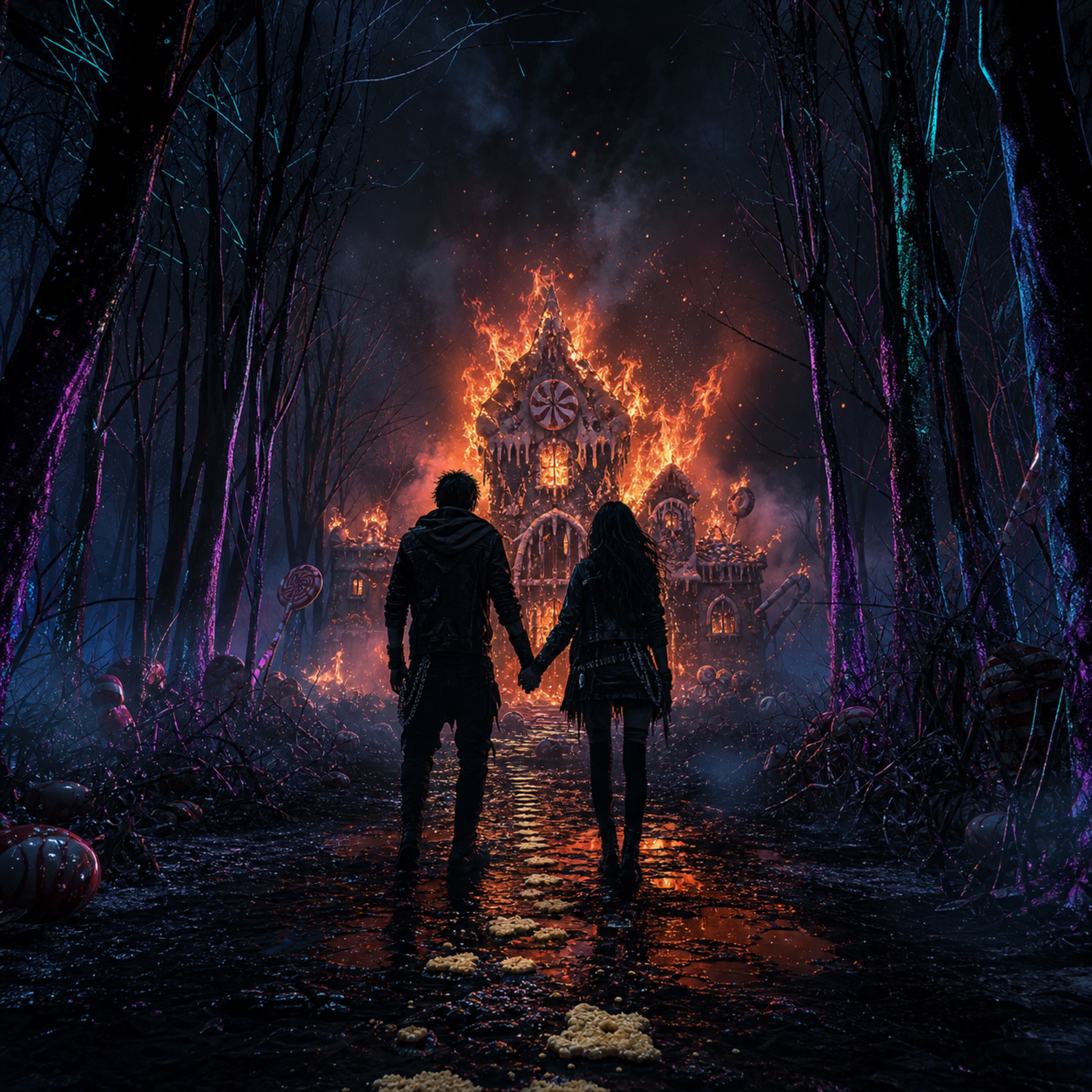 Breadcrumbs in the Dark artwork — two figures facing a burning sugar house in a neon forest